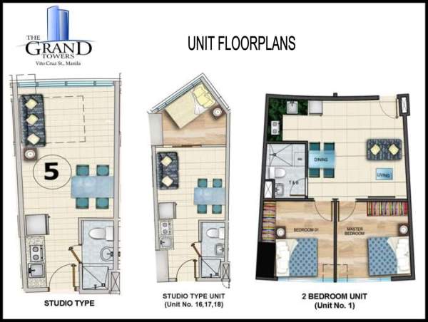 Condominium Floor Plan of Studio, 1-Bedroom and 2-Bedroom units at Grand Towers Manila