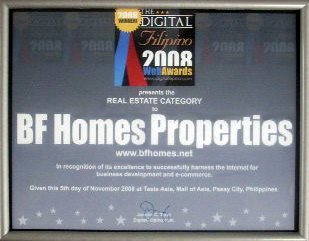 Plaque of recognition given to BF Homes Real Estate Properties Philippines