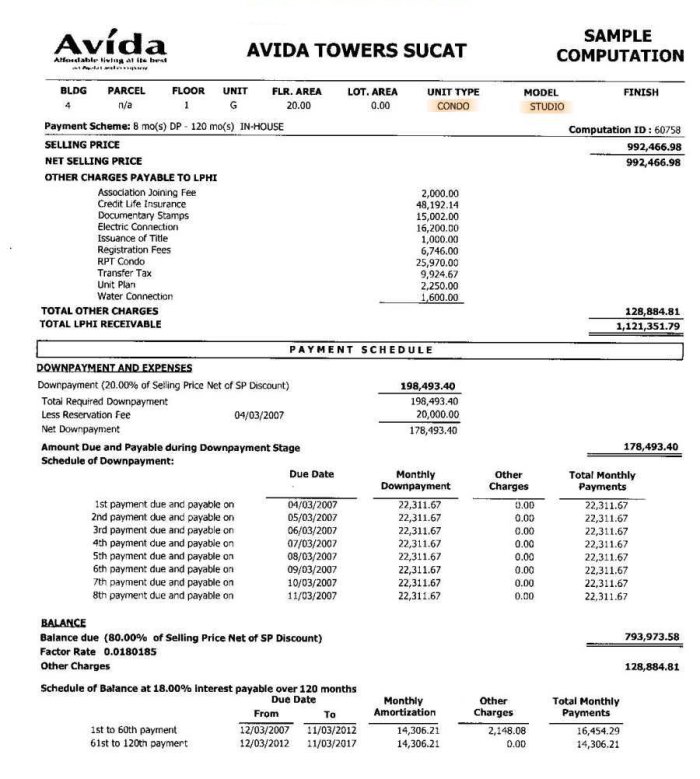 Sample computation of installments at Avida Tower Sucat, Paranaque 