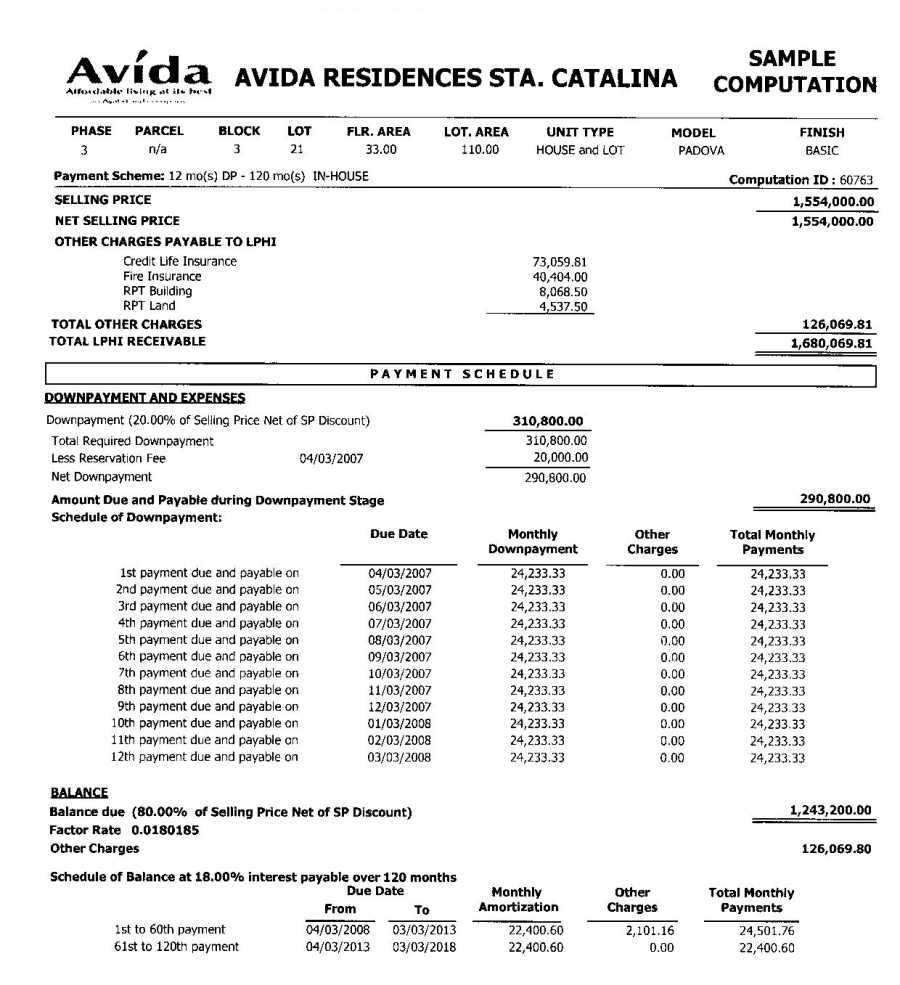 Sta. Catalina Houses &amp; Lots for Sale in Molino Cavite | Sample Installment Computation