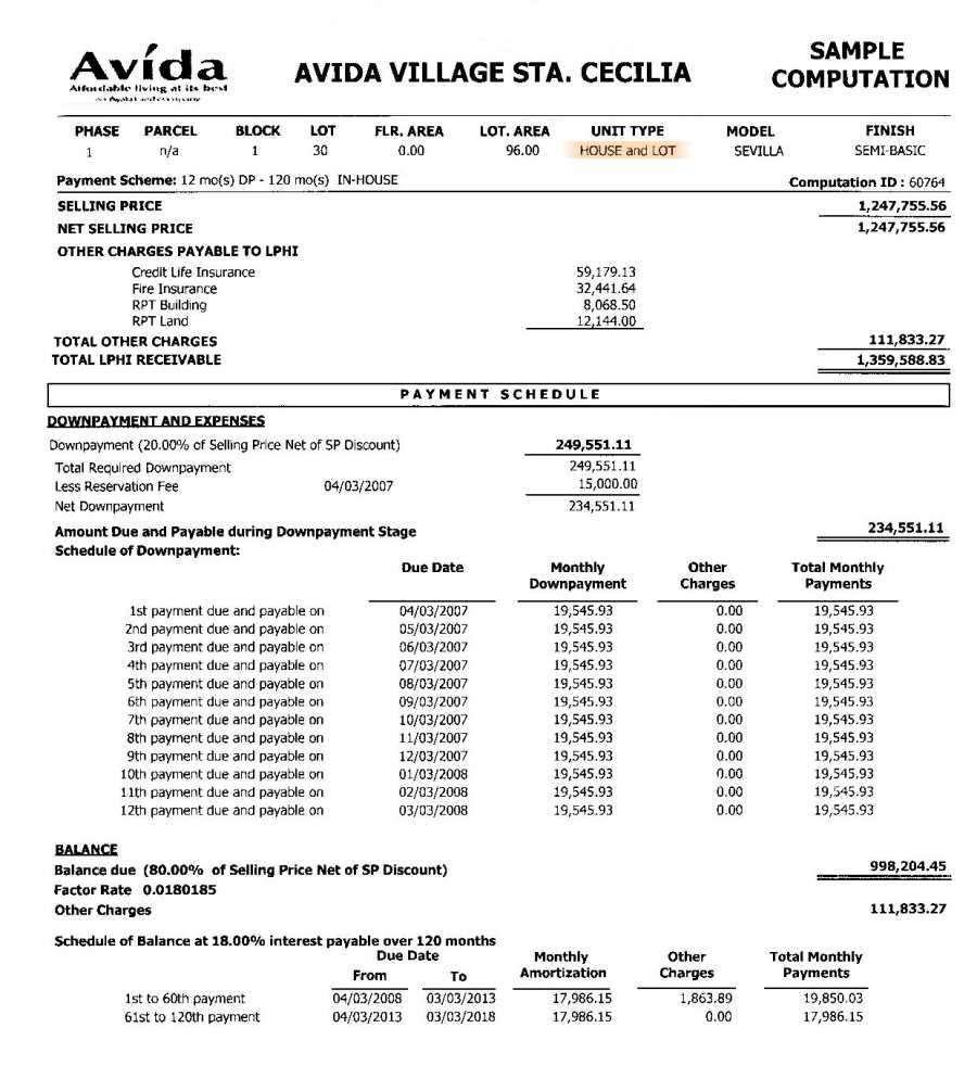 Sta. Cecilia Village in Dasmarinas, Cavite - Houses &amp; Lots for Sale | Sample Computation of Installment Payments